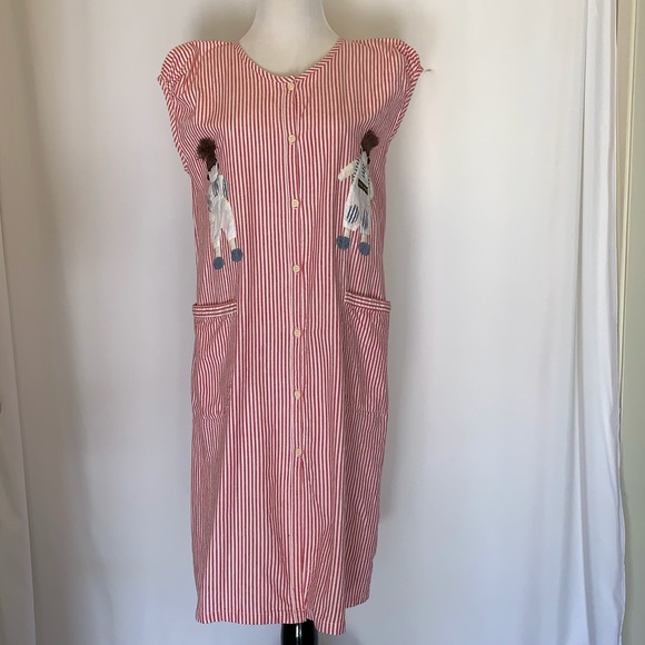 Vintage Cotton Seersucker Dress Apron Big Pockets - Picture 2 of 7